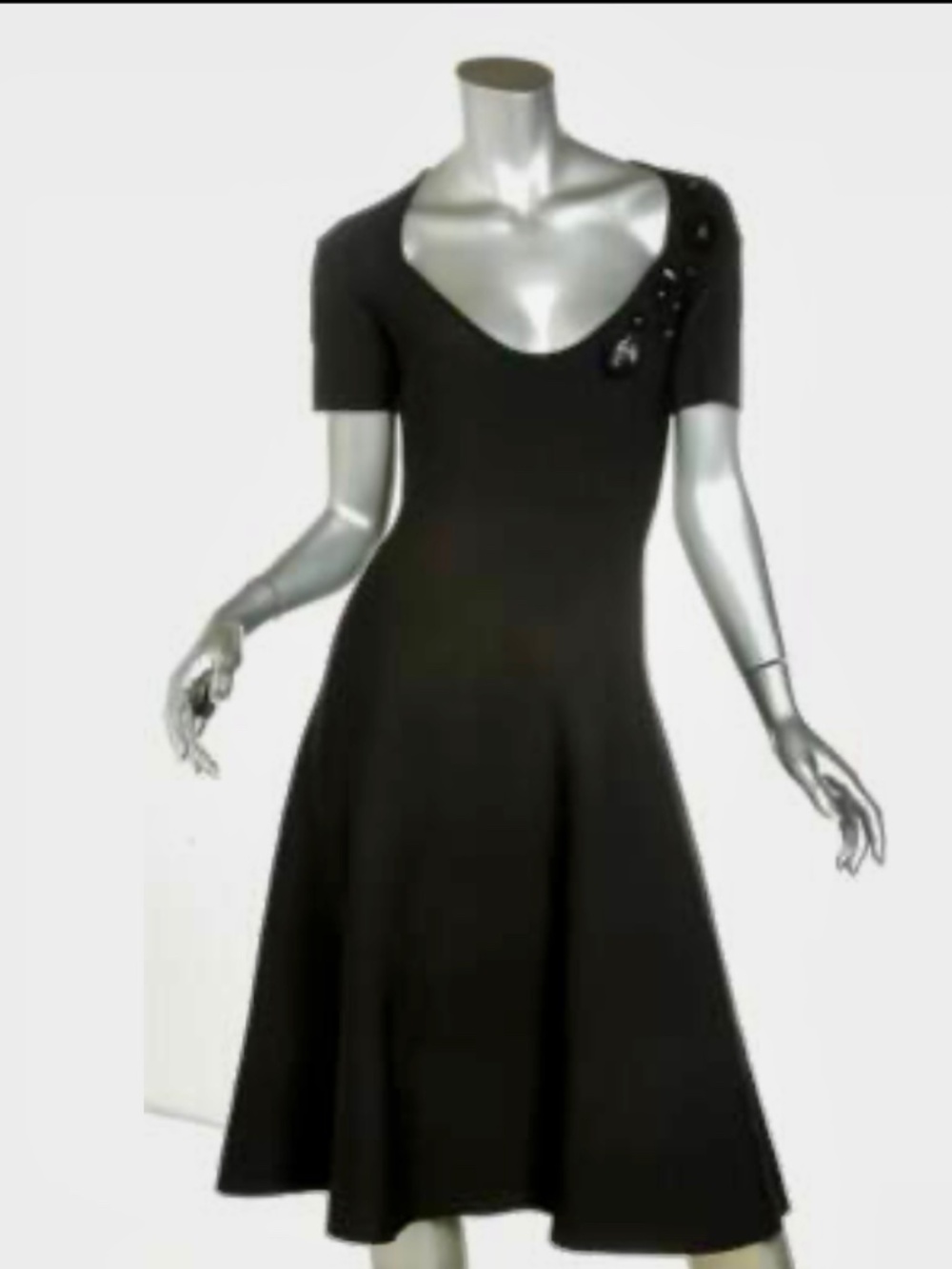 Zac Posen Black Short Sleeve Fit & Flare Midi Embellished Dress